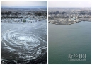 左图：2011年3月11日，在日本茨城县大洗市附近，海啸引发的漩涡向岸边席卷过去。右图为2012年3月3日同一地点的情形。新华社发（李睿编辑）