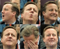 新华社照片，伦敦，2012年7月30日 在伦敦奥运会手球馆，英国首相卡梅伦观看比赛时表情丰富。（拼版照片）新华社记者王庆钦摄 