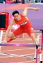 8月7日，中国选手刘翔在比赛中。当日，刘翔在伦敦奥运会田径男子110米栏预赛中摔倒，无缘晋级。新华社记者廖宇杰摄 