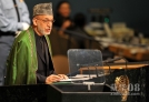 9月25日，在美国纽约联合国总部，阿富汗总统卡尔扎伊在联大一般性辩论上发言。新华社记者 王雷 摄