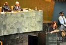 9月25日，在纽约联合国总部，阿根廷总统克里斯蒂娜在联大一般性辩论上发言。新华社记者 王雷 摄