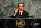 9月25日，在纽约联合国总部，法国总统奥朗德在联大一般性辩论上发言。新华社记者 申宏 摄
