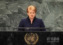 9月25日，在纽约联合国总部，立陶宛总统达利娅·格里包斯凯特在联大一般性辩论上发言。新华社记者 申宏 摄