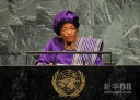 9月26日，在纽约联合国总部，利比里亚总统埃伦·约翰逊－瑟利夫在联大一般性辩论上发言。新华社记者 申宏 摄
