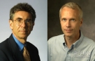 这张拼版照片显示的是10月10日在瑞典首都斯德哥尔摩皇家科学院获得2012年度诺贝尔化学奖的美国科学家罗伯特·莱夫科维茨（左）和布赖恩·科比尔卡的照片。新华社/法新  