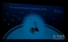 10月10日，在瑞典首都斯德哥尔摩，诺贝尔化学奖揭晓仪式现场播放的幻灯片显示2012年诺贝尔化学奖得主美国科学家罗伯特·莱夫科维茨和布赖恩·科比尔卡的研究成果。新华社记者刘一楠摄 