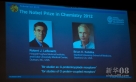 10月10日，在瑞典首都斯德哥尔摩，诺贝尔化学奖揭晓仪式现场播放的幻灯片显示2012年诺贝尔化学奖得主美国科学家罗伯特·莱夫科维茨（左）和布赖恩·科比尔卡的照片。新华社记者刘一楠摄 