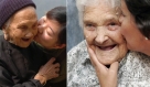 2005年4月28日，一位叫蒋方方（右）的青年与105岁长寿老人黄妈仁亲吻。新华社记者刘广铭摄  右图：2006年9月10日，在葡萄牙中部城市托马尔附近的科鲁若村，伊莎贝尔·阿布雷乌（右）亲吻她的祖母玛丽亚·德热苏斯。当天是玛丽亚·德热苏斯113岁的生日。新华社/路透