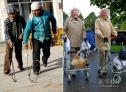 左图：青海省平安县三合村的老人严爱（左）与同村的一位老人在进行滚铁环比赛（2011年11月29日摄）。新华社记者 王博 摄   右图：这是2012年9月19日在荷兰阿姆斯特丹拍摄的荷兰老年人“助行器行走”比赛场景。新华社发（西尔维亚·莱德尔摄） 