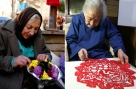 左图：2004年1月2日，在格鲁吉亚首都第比利斯一个花卉市场上，一位老年妇女在捆扎鲜花。 新华社记者吴晓凌摄    右图：2008年7月15日，江苏省南京市的胡家芝老人展示刚完成的奥运主题剪纸作品。新华社发（王新摄）  