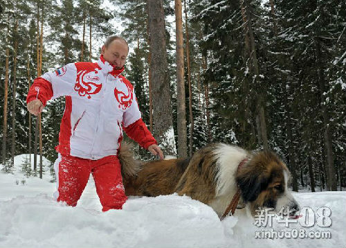 【普京与爱犬雪地玩耍】4月10日，俄总统普京与两只爱犬巴里与尤玛在莫斯科州郊外的雪地上玩耍。巴里为保