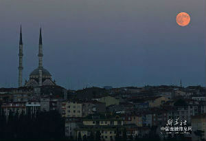 8月10日夜晚，一轮圆月从土耳其伊斯坦布尔城市上空升起。 新华社记者卢哲摄