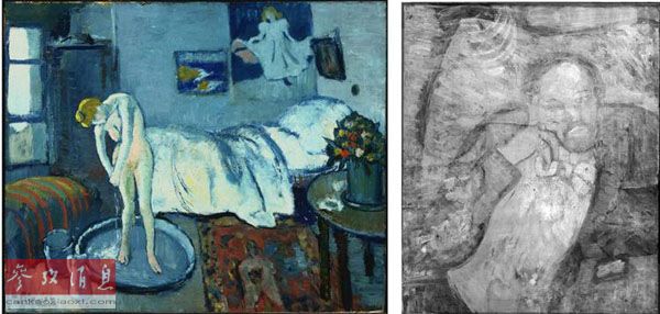 资料图片：高科技扫描显示，在毕加索名作《蓝色房间》(左)下面，还藏着一幅“画中画”(右)。
