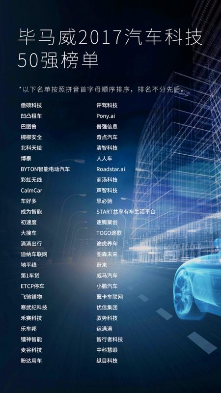 毕马威中国2017汽车科技50强榜单
