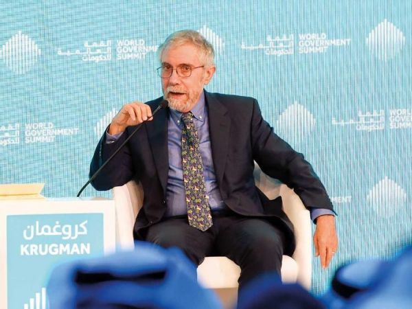 诺贝尔经济学奖得主保罗·克鲁格曼，2月10日在迪拜举行的第七届世界政府峰会上发言。（阿联酋《海湾新闻报》网站）