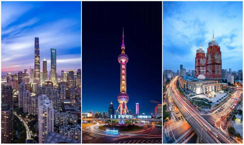 华为手机屏保·城市建筑主题（左图为陆家嘴“厨房三件套”，中图为东方明珠电视塔，右图为月星环球港）