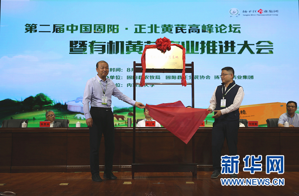 固阳县政府和扬子江药业集团代表进行“有机黄芪示范基地”揭牌仪式。新华网 杨腾格尔 摄