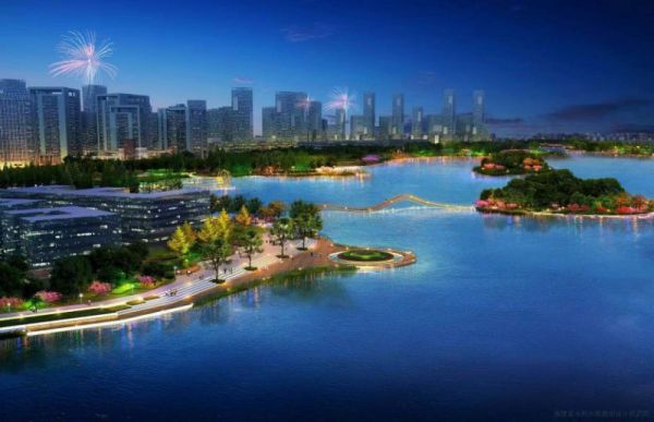 图为建成后的三星湖效果图鸟瞰图片
