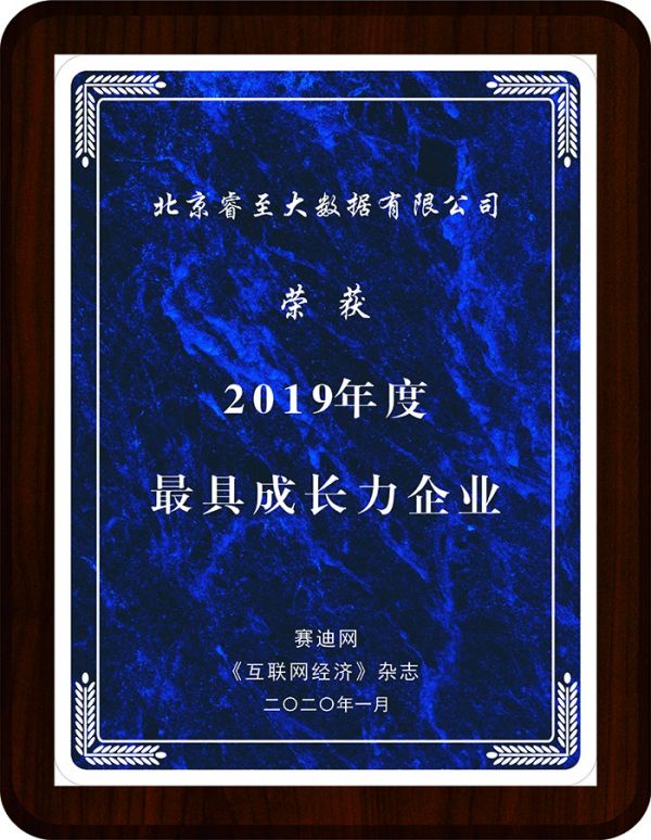 睿至大数据荣获“2019年度最具成长力企业”